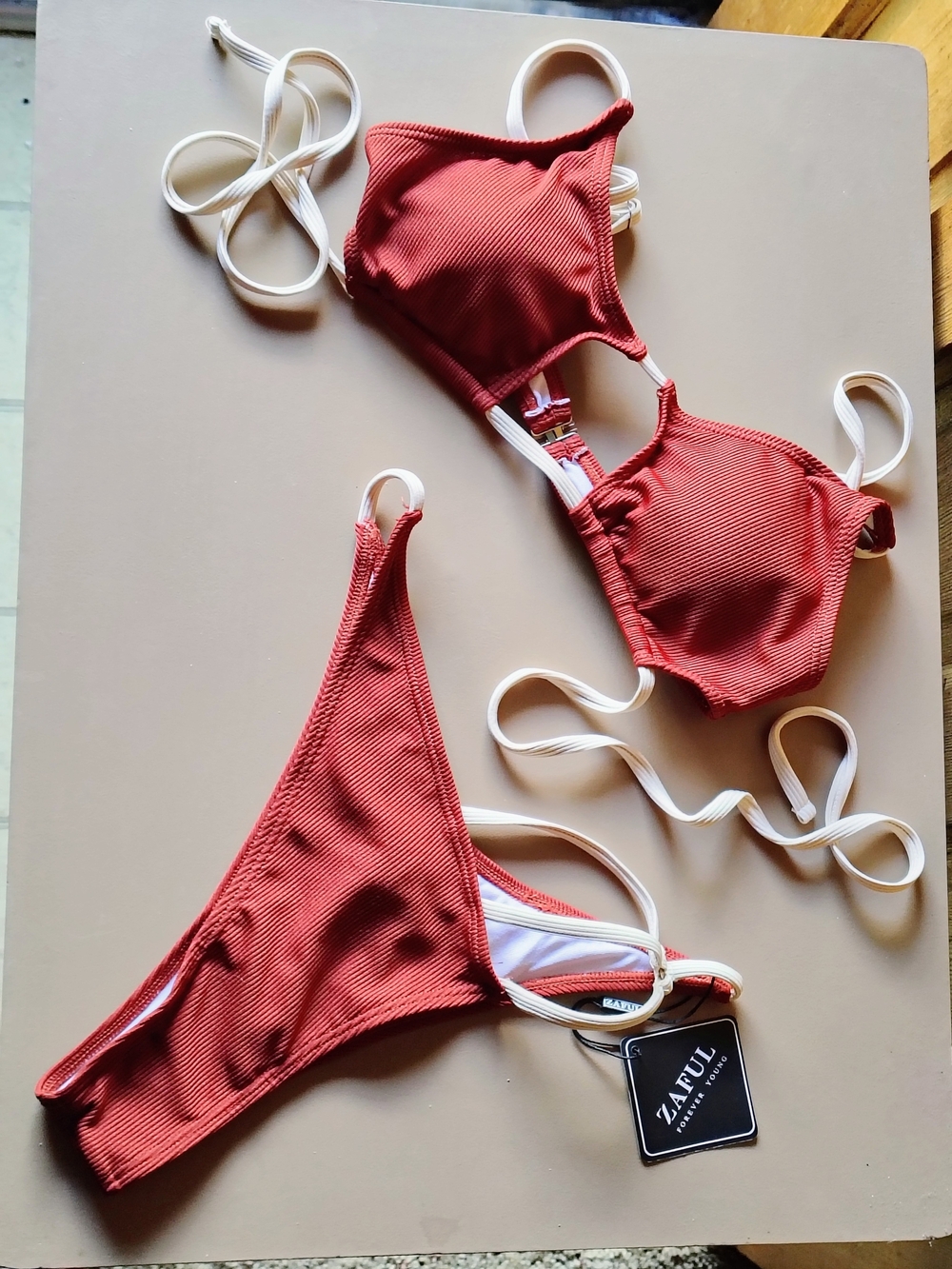 Zaful Rust / Cream Ribbed Strappy Bikini Set Size 6,M